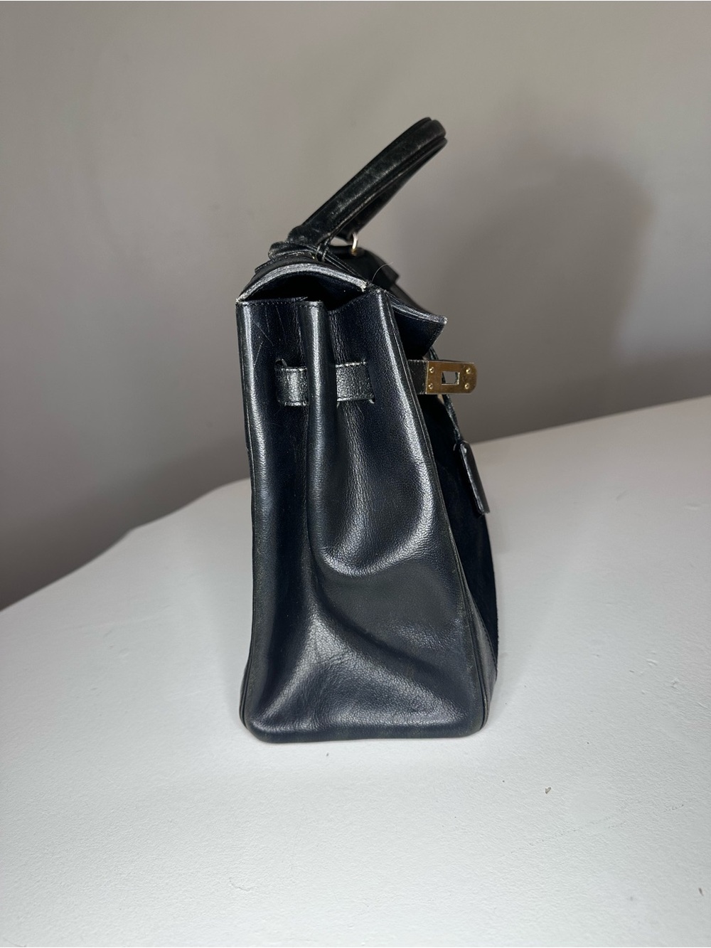 VTG Saks Fifth Avenue Paris Black Leather & Suede Kelly Bag Gold Hardware France - Picture 5 of 15